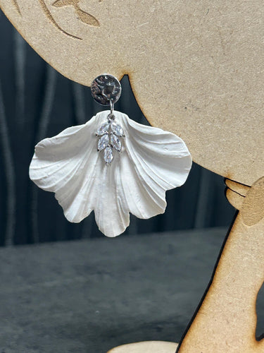 Handmade White Fan Petal Earrings – Delicate and floaty Clay Flowers with Swarovski Crystals – Elegant Stud Earrings – by Crystal wedding UK