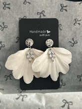 Load image into Gallery viewer, Handmade White Fan Petal Earrings – Delicate and floaty Clay Flowers with Swarovski Crystals – Elegant Stud Earrings – by Crystal wedding UK
