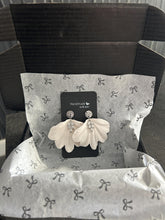 Load image into Gallery viewer, Handmade White Fan Petal Earrings – Delicate and floaty Clay Flowers with Swarovski Crystals – Elegant Stud Earrings – by Crystal wedding UK
