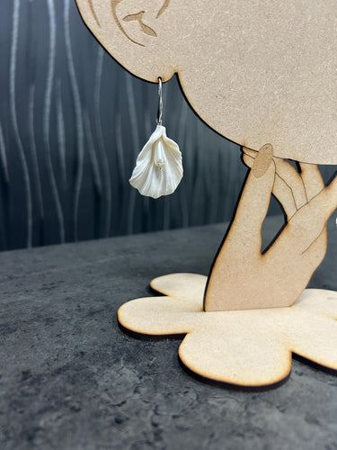 Handmade White Fluted Petal Earrings – Delicate polymer Clay Flowers with Swarovski Crystals – Elegant Stud Earrings –by Crystal wedding UK