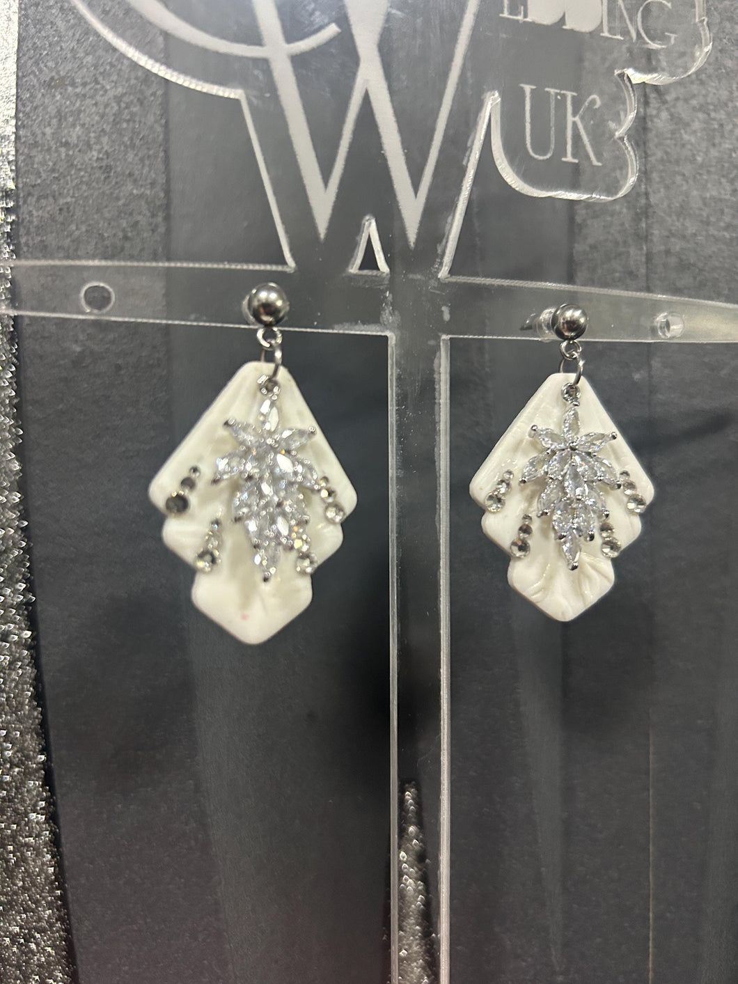 Handmade pearl white clay earrings, cubic zirconia, floral texture lightweight, hypoallergenic, wedding bridal jewelry by Crystal wedding UK