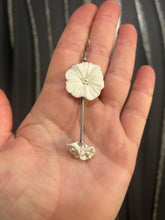 Load image into Gallery viewer, Handmade White Floral Polymer Clay Earrings: Gold Bar Dangle Bridal Jewelry
