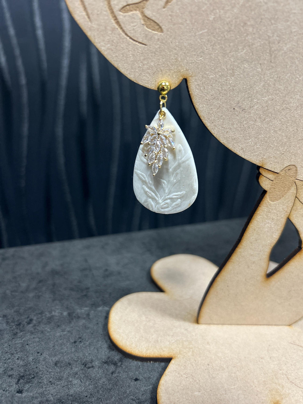 Handmade Ivory Clay Flower Bridal Earrings: Cubic Zirconia, Sterling Silver