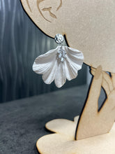 Load image into Gallery viewer, Handmade White Fan Petal Earrings – Delicate and floaty Clay Flowers with Swarovski Crystals – Elegant Stud Earrings – by Crystal wedding UK
