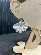 Load image into Gallery viewer, Handmade White Fan Petal Earrings – Delicate and floaty Clay Flowers with Swarovski Crystals – Elegant Stud Earrings – by Crystal wedding UK
