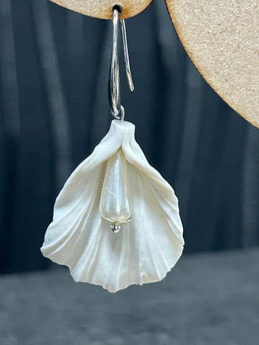 Handmade White Fluted Petal Earrings – Delicate polymer Clay Flowers with Swarovski Crystals – Elegant Stud Earrings –by Crystal wedding UK