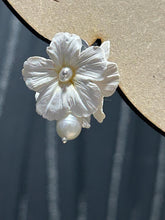 Load image into Gallery viewer, Freshwater Pearl Clay Flower Earrings | Handmade Bridal Earrings | White Floral Statement Jewelry silver or gold,
