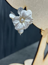 Load image into Gallery viewer, Freshwater Pearl Clay Flower Earrings | Handmade Bridal Earrings | White Floral Statement Jewelry silver or gold,
