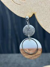 Load image into Gallery viewer, Modern Clay Earrings, Delicate white Resin, Wood, metal and Clay Abstract Earrings –Boho Statement Polymer Clay Dangle Earrings
