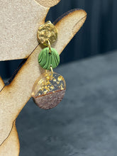 Load image into Gallery viewer, Modern Clay Earrings, gold leaf fleck Resin, Wood, metal and muted sage Clay Abstract Earrings Boho Statement Polymer Clay Dangle Earrings

