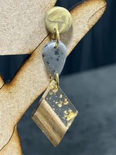 Load image into Gallery viewer, Modern Clay Earrings, Delicate white Resin, Wood, metal and Clay Abstract Earrings –Boho Statement Polymer Clay Dangle Earrings
