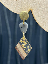 Load image into Gallery viewer, Modern Clay Earrings, Delicate white Resin, Wood, metal and Clay Abstract Earrings –Boho Statement Polymer Clay Dangle Earrings
