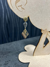 Load image into Gallery viewer, Modern Clay Earrings, Delicate white Resin, Wood, metal and Clay Abstract Earrings –Boho Statement Polymer Clay Dangle Earrings
