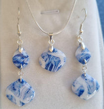 Load image into Gallery viewer, Blue and White Marbled Polymer Clay Earrings and Necklace Set – Handmade Lightweight Jewelry Gift for Her
