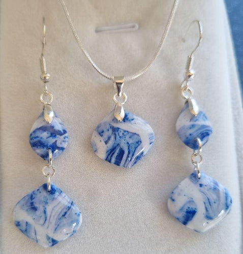 Blue and White Marbled Polymer Clay Earrings and Necklace Set – Handmade Lightweight Jewelry Gift for Her