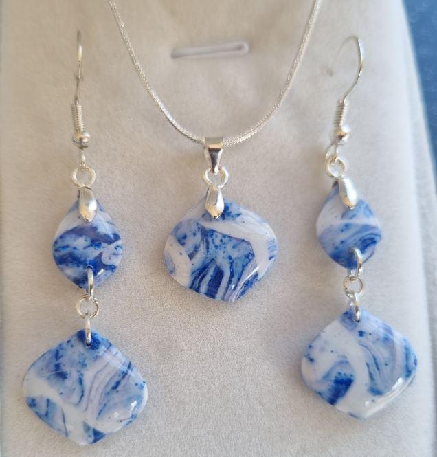Blue and White Marbled Polymer Clay Earrings and Necklace Set – Handmade Lightweight Jewelry Gift for Her