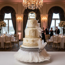 Load image into Gallery viewer, Feather Wedding Cake Stand Gatsby Decor | Luxury 1920s Crystal base | Vintage Glam Wedding Cake Display
