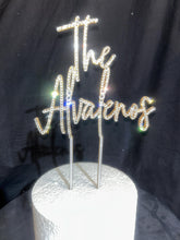 Load image into Gallery viewer, Personalized Crystal Wedding Cake Topper: Gold Rhinestone; ' THE' - your Surname - 8 inch Wide size
