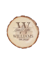 Load image into Gallery viewer, Personalised Engraved Wood Slice, Rustic Wedding Cake Stand
