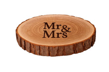 Load image into Gallery viewer, Personalised Engraved Wood Slice, Rustic Wedding Cake Stand
