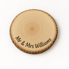 Load image into Gallery viewer, Personalized Wood Slice Cake Stand, Engraved Rustic Wedding Display stand, Personalised Engraved log Slice, Engagement Pedestal cake stand
