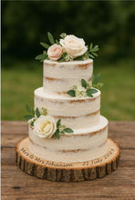 Load image into Gallery viewer, Personalised wood Cake Stand, Natural Rustic shape Engraved wooden slice Wedding Display stand, Personalized Etched log, Wood Dessert Board
