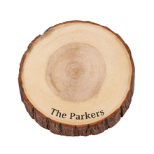 Load image into Gallery viewer, Personalised wood Cake Stand, Natural Rustic shape Engraved wooden slice Wedding Display stand, Personalized Etched log, Wood Dessert Board
