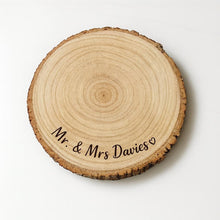 Load image into Gallery viewer, Personalized Wood Slice Cake Stand, Premium quality Varnished Engraved Rustic Wedding Display stand, Personalised log Slice
