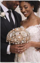 Load image into Gallery viewer, Gold brooch bouquet. Luxury Crystal pearl &amp; Brooch Bridal Bouquet
