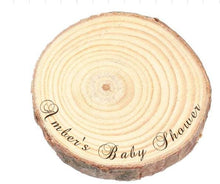 Load image into Gallery viewer, Personalized Wood Slice Cake Stand, Engraved Rustic Wedding Display stand, Personalised Engraved log Slice, Engagement Dessert Display Board
