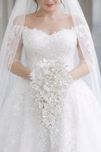 Load image into Gallery viewer, Ivory Pearl &amp; Crystal Bridal Bouquet Rhinestone Wedding bouquet Silver brides Flowers
