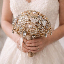 Load image into Gallery viewer, Gold brooch bouquet. Luxury Crystal pearl &amp; Brooch Bridal Bouquet
