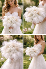 Load image into Gallery viewer, Luxury white feather &amp; rose , vintage-glam, couture bridalbouquet
