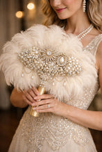 Load image into Gallery viewer, Gold Bridal brooch Bouquet. Ostrich Big Feather Fan Bridal Bouquet white Great Gatsby 1920s Art deco wedding Roaring 1920's bouquet
