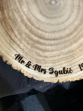 Load image into Gallery viewer, Rustic Personalised Log Slice, Wedding Cake Stand, Engraved Wood Wedding Cake Board Engagement Dessert Board

