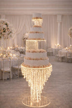 Load image into Gallery viewer, Tall 3-Tier Crystal Chandelier Wedding Cake Stand with LED Lights – Illuminated Cake Display
