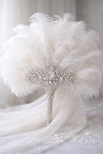 Load image into Gallery viewer, Gold Bridal Fan, Bridal brooch Bouquet, Ostrich alternative large eather Fan, Ivory Gatsby 1920s art deco wedding, 1920's bridal fan gift
