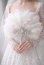 Load image into Gallery viewer, Gold Bridal Fan, Bridal brooch Bouquet, Ostrich alternative large eather Fan, Ivory Gatsby 1920s art deco wedding, 1920's bridal fan gift
