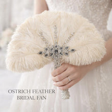 Load image into Gallery viewer, Ostrich Feather Fan Wedding Bouquet – Crystal &amp; Pearl Bridal Fan, Gatsby Alternative Bridal Bouquet, Handmade Feather Bridal Accessory
