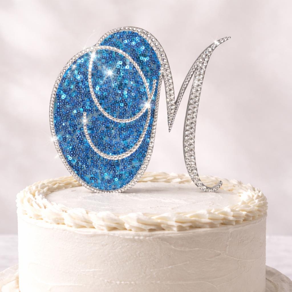 6 Inch Rhinestone Letter Cake Topper | Custom Initial Monogram | Silver Crystal Birthday Wedding Cake Decor