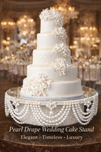 Load image into Gallery viewer, Pearl Drape Wedding Cake Stand, Crystal &amp; Pearl Wedding Cake Display, Vintage Cake Riser bridal and Special Event Gatsby Vintage Cake holder
