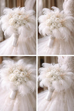 Load image into Gallery viewer, Luxury white feather &amp; rose , vintage-glam, couture bridalbouquet
