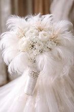 Load image into Gallery viewer, Luxury white feather &amp; rose , vintage-glam, couture bridalbouquet

