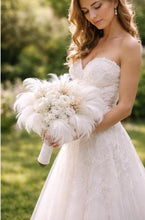 Load image into Gallery viewer, Luxury white feather &amp; rose , vintage-glam, couture bridalbouquet
