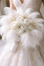 Load image into Gallery viewer, Luxury white feather &amp; rose , vintage-glam, couture bridalbouquet
