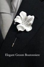Load image into Gallery viewer, White Flower Boutonniere: Rhinestone Wedding Buttonhole
