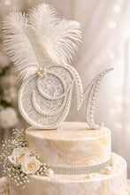 Load image into Gallery viewer, Pearl Monogram Cake Topper: Lace &amp; Feather, Gatsby Style Initial (6")
