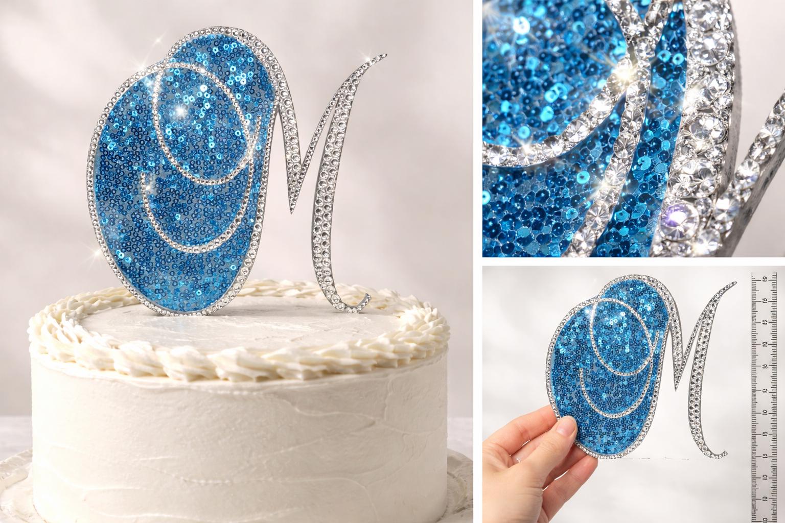 6 Inch Rhinestone Letter Cake Topper | Custom Initial Monogram | Silver Crystal Birthday Wedding Cake Decor