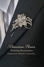 Load image into Gallery viewer, Crystal Flower Groom Boutonniere: Silver Wedding Lapel Pin
