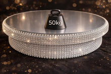 Load image into Gallery viewer, Crystal Rotating Wedding Cake Stand 360 Turntable Display Platform Mirrored Cake Base + Free Gift Rhinestone monogram Cake Topper
